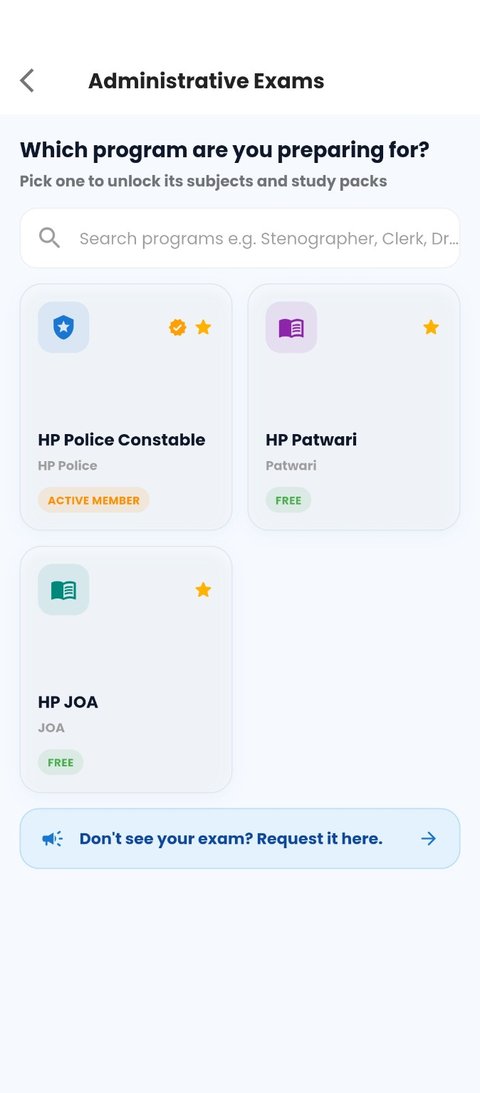 GK Quiz Master program list showing HP Police Constable, HP Patwari and HP JOA