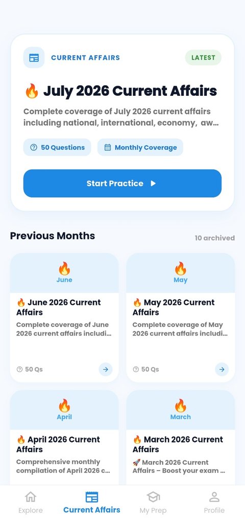 GK Quiz Master monthly current affairs screen with an archive of previous months