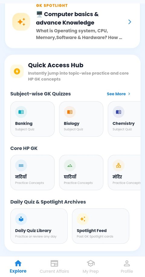 GK Quiz Master home screen with subject-wise quizzes and a daily quiz library