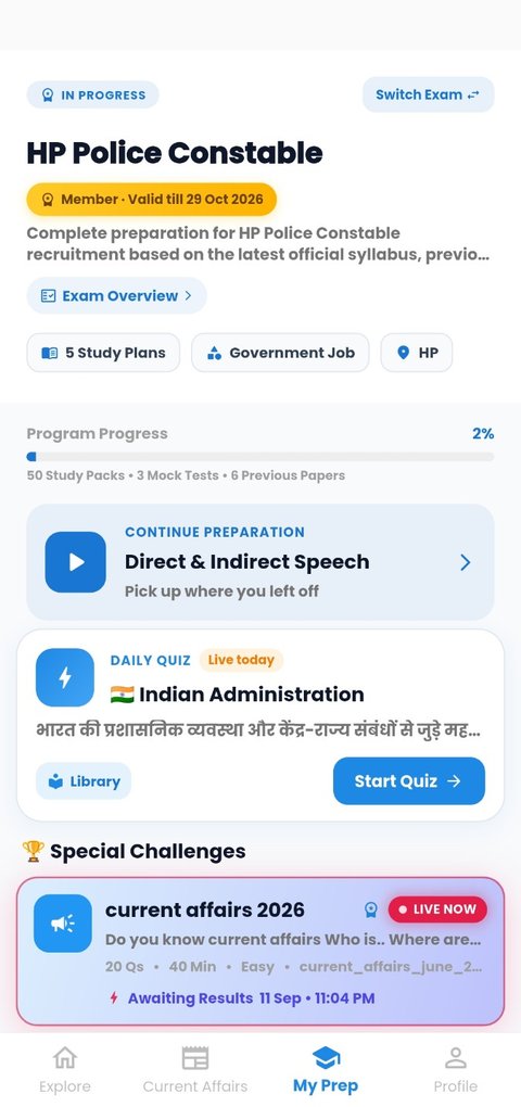 GK Quiz Master prep screen showing study packs, mock tests, previous papers and a live daily quiz
