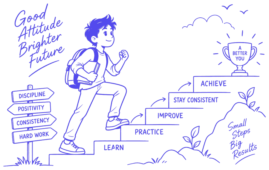 Illustration of a student climbing steps labeled Learn, Practice, Improve, Stay Consistent and Achieve, toward a trophy labeled A Better You